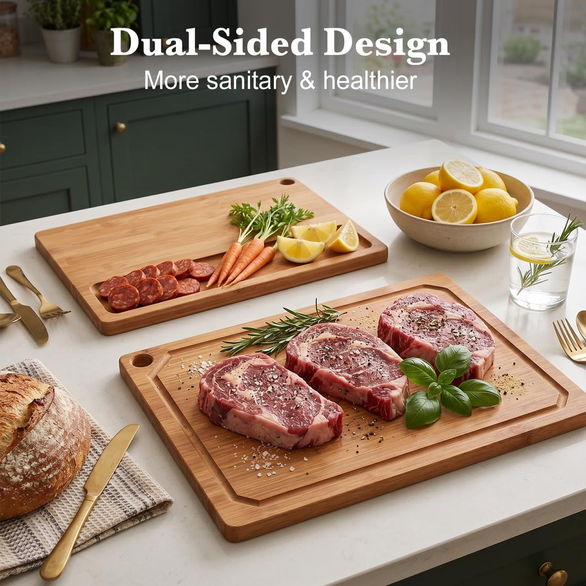 Carbonized Bamboo Cutting Boards for Kitchen Set of 3 Knife-Friendly
