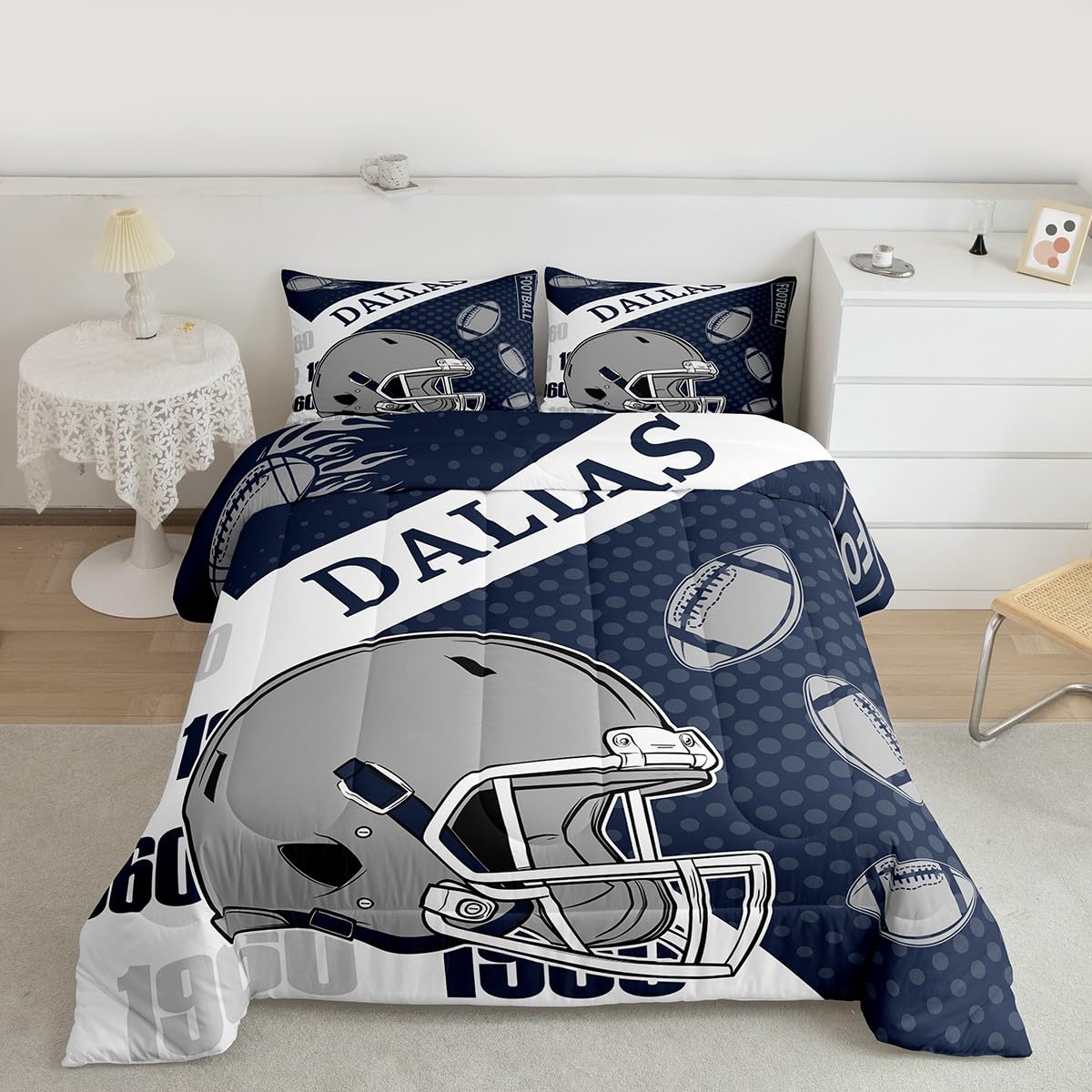 Feelyou Football Bedding Set Soft for Boys Girls, Dallas Comforter Set Full Size Football City Duvet Quilt Microfiber Bedroom Decor 3 Pcs with 2 Pillow Cases