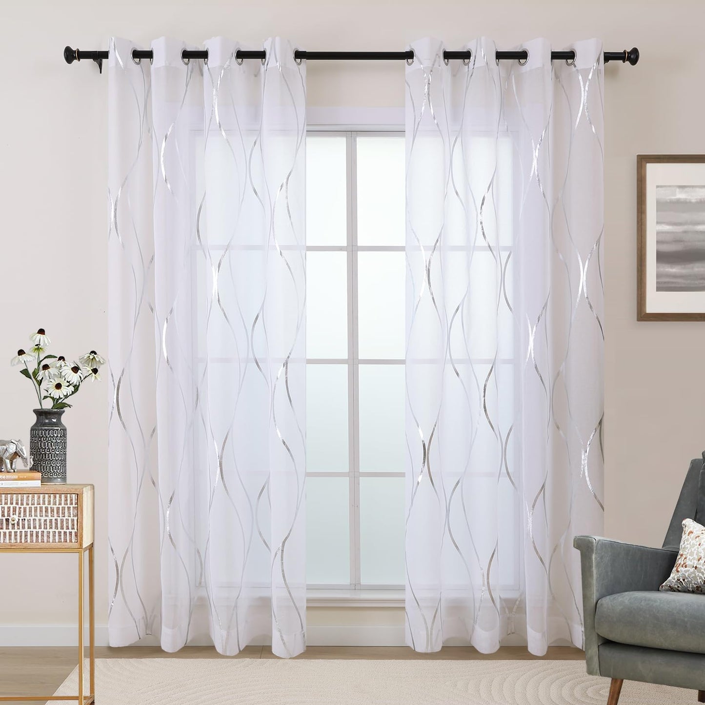 L.Z.E White and Silver Curtains for Living Room, See Through White Sheer Curtains 84 Inches Long 2 Panels Set, Grommet Transparent Window Drapes with Elegant Wave Patterns