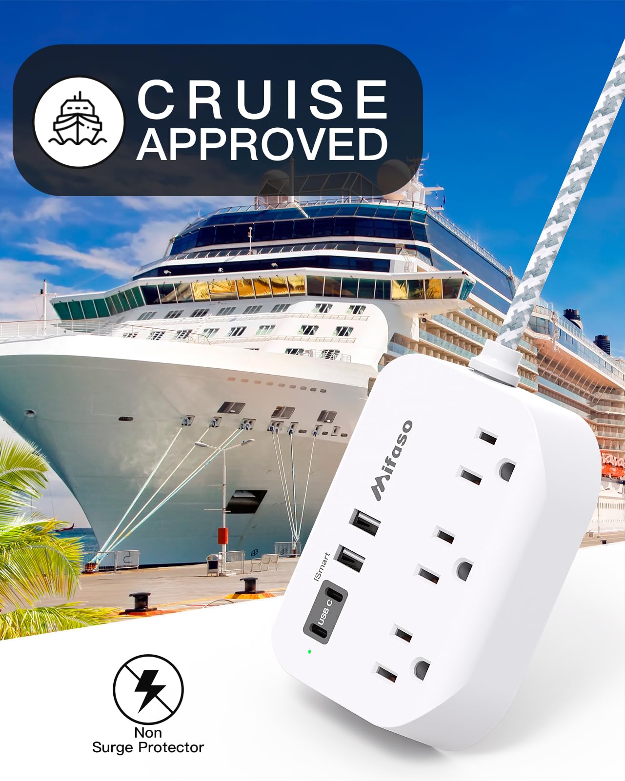 Travel Essentials - Mifaso Power Strip with USB, Compact Flat Plug Extension Cord 5ft with 3 Outlets 4 USB Ports, Non Surge Cruise Must Haves, Cruise Ship Essentials, Dorm Room, Apartment Essentials
