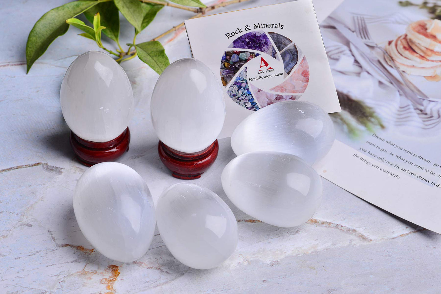 AMOYSTONE Selenite Eggs (6 Pcs) - Morocco Selenite Crystals with Wooden Base for Healing, Reiki, Meditation, Home Decor & Office Desk (1.5-2")