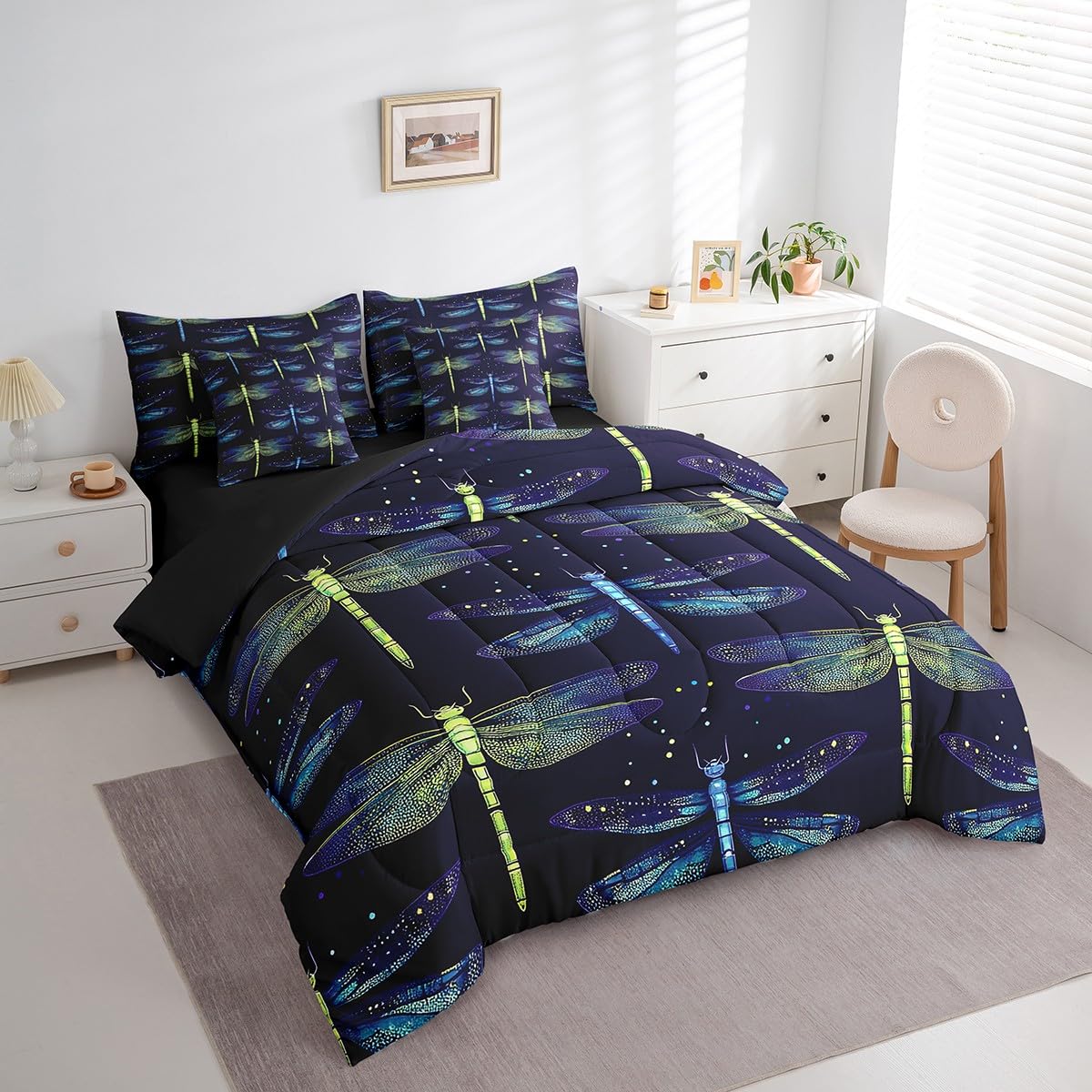 Erosebridal Dragonfly Full Size Bed Sheets and Comforter Set,Flying Dragonflies 7 Piece Bedding Set Rustic Aesthetic Animal Bed in a Bag,Exotic Wildlife Bed Sets