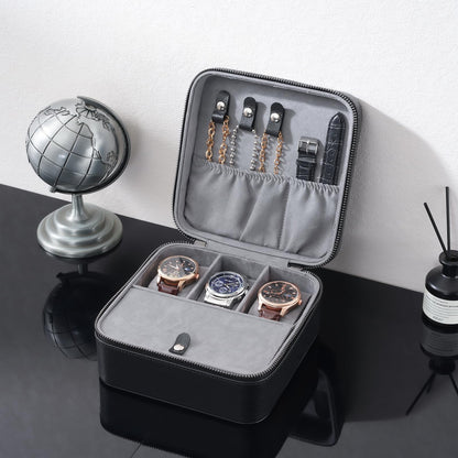 ProCase Travel Watch Case, 3 Slots PU Leather Mens Jewelry Box, Portable Watches Cufflinks Accessories Storage Case, Zippered Carrying Organizer Bag for Man, Valentine's Day Gift -Black