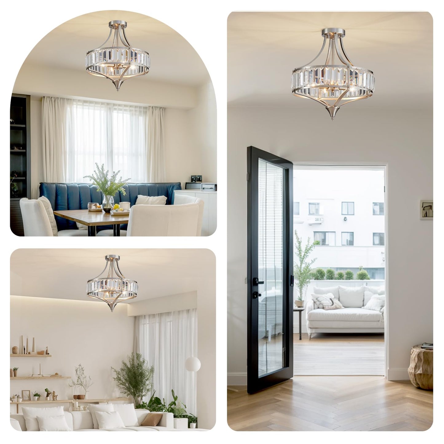 Cabvope Crystal Chandelier Ceiling Light Fixture, Modern Round Brushed Nickel Dining Room Chandeliers for Kitchen Hallway Bedroom Foyer, 16 Inch Rustic Farmhouse Semi Flush Ceiling Light, 4-Light