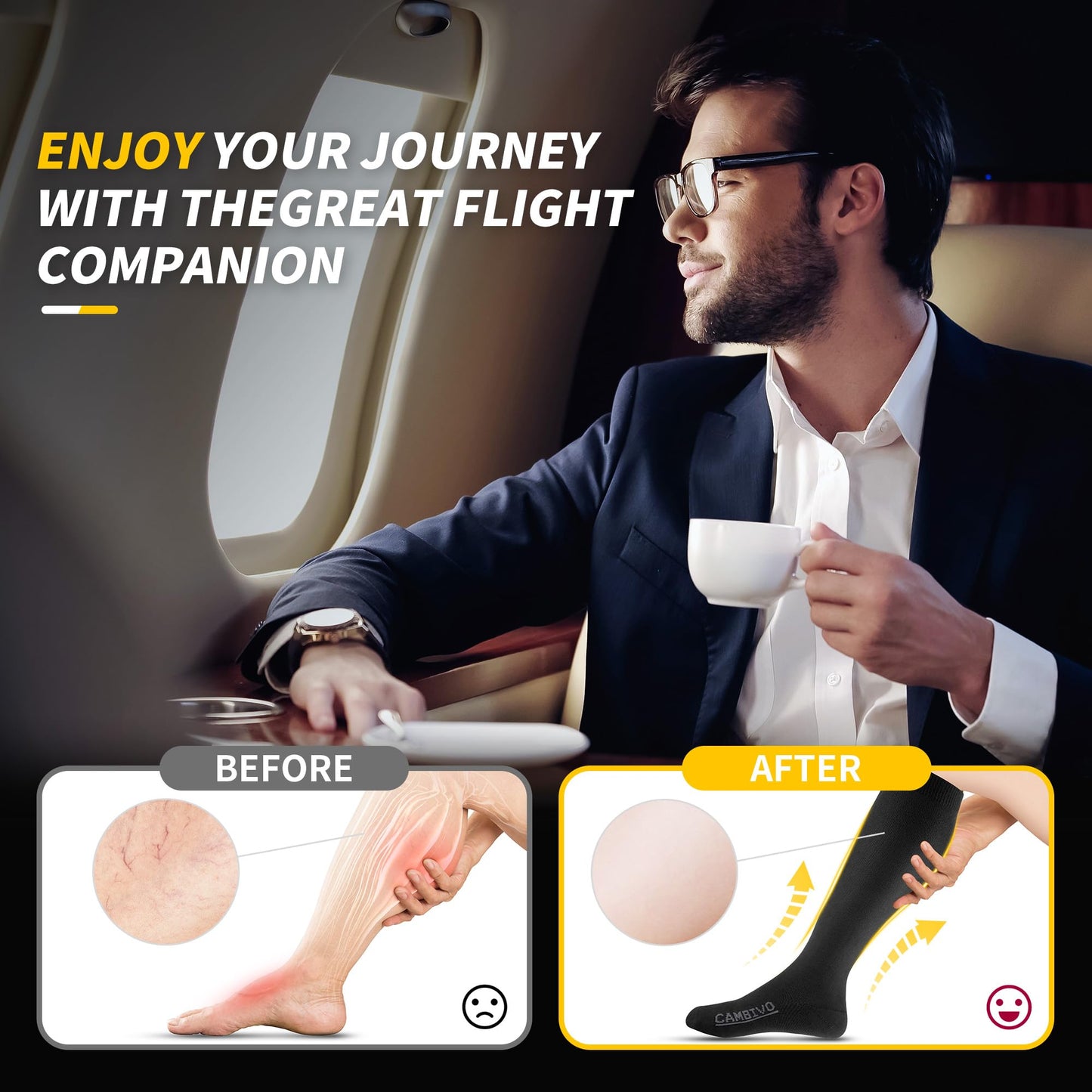 CAMBIVO Compression Socks for Men and Women 3 Pairs, 20-30 mmHg Flight Socks Stockings for Ankle/Calf Support, Running, Flying, Pregnancy & Maternity, Airplane Travel Essentials (Black, XXL)