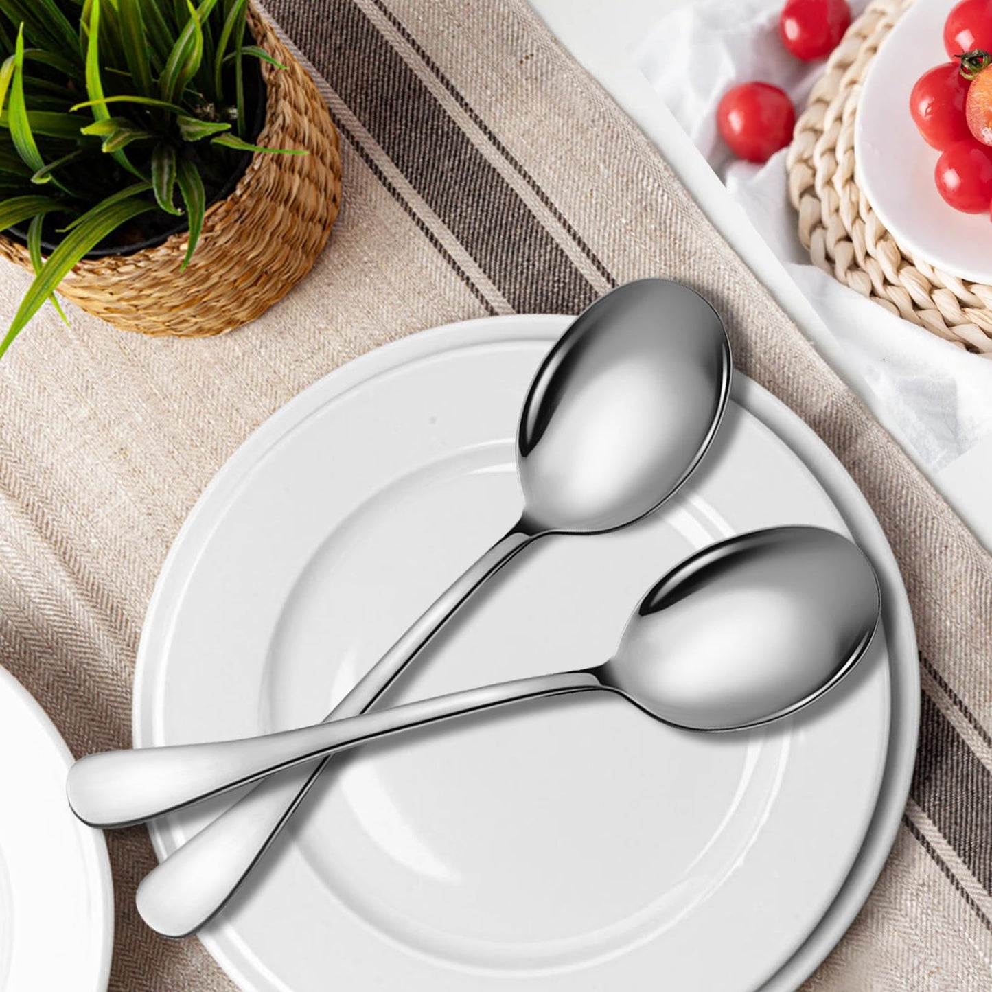Keyoxy Stainless Steel Serving Spoons Set, 6pc, 10-Inch, Includes 6 Large Spoons, for Parties/Kitchen/Buffet/Catering, Dishwasher Safe