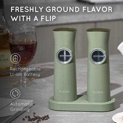 Flendy Gravity Electric Salt and Pepper Grinder Set Rechargeable, Automatic Salt and Pepper Grinder Set with USB C Charging Base, Gravity Salt and Pepper Shakers Set Electric