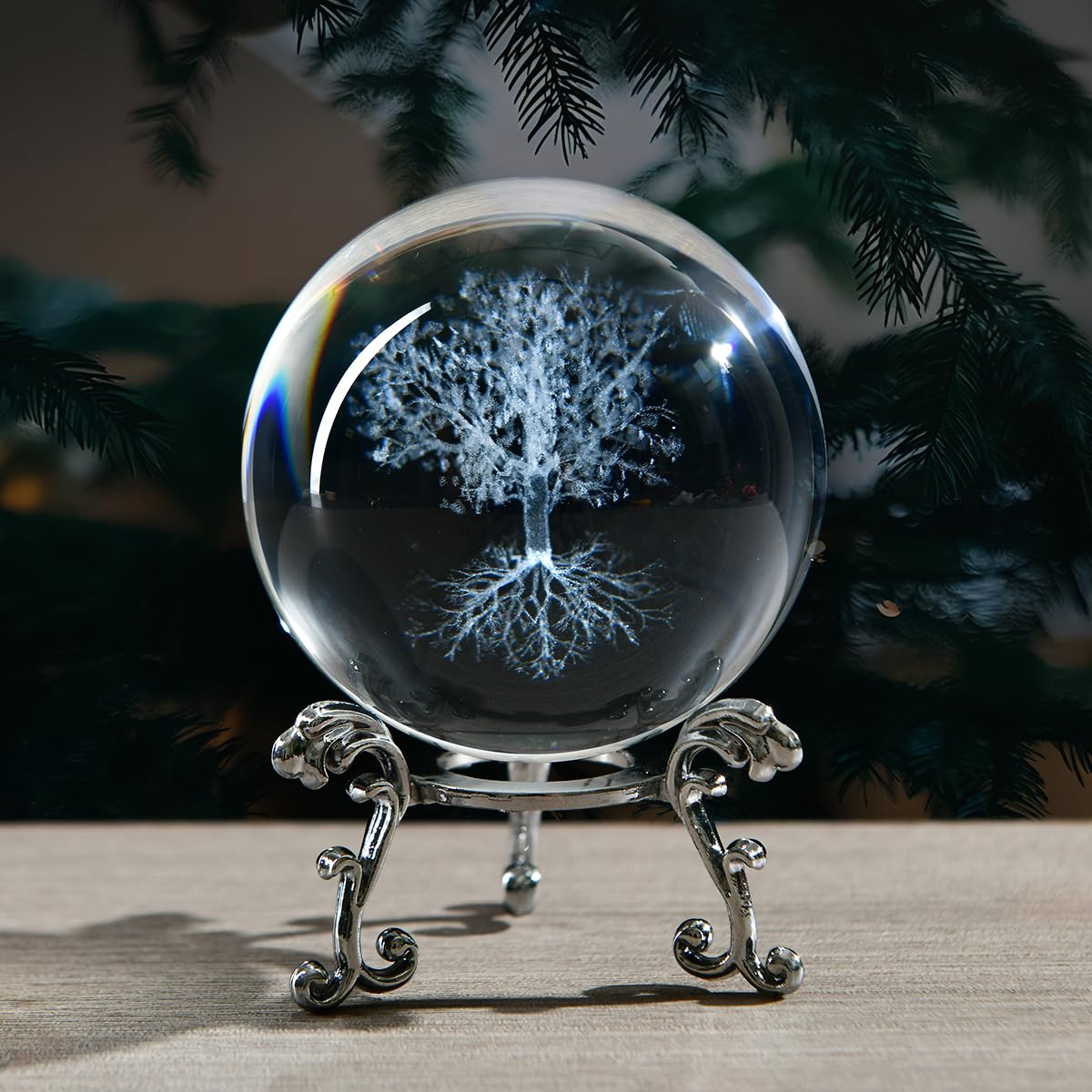 Tree of Life Crystal Ball with Stand, 60mm 3D Laser Engraved Glass Sphere Decorative Balls Paperweight Gifts for Women Mom Kids