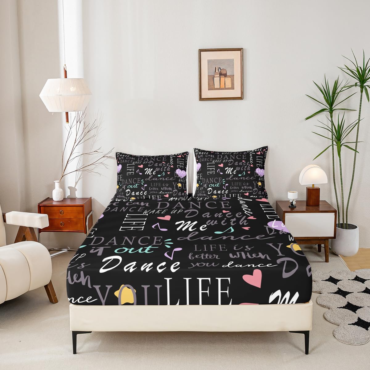Feelyou Hippie Graffiti Bed Sheets Set Girls Dance Life Bedding Queen Size Includes 1 Fitted Sheets & 2 Pillowcases (No Flat Sheet)