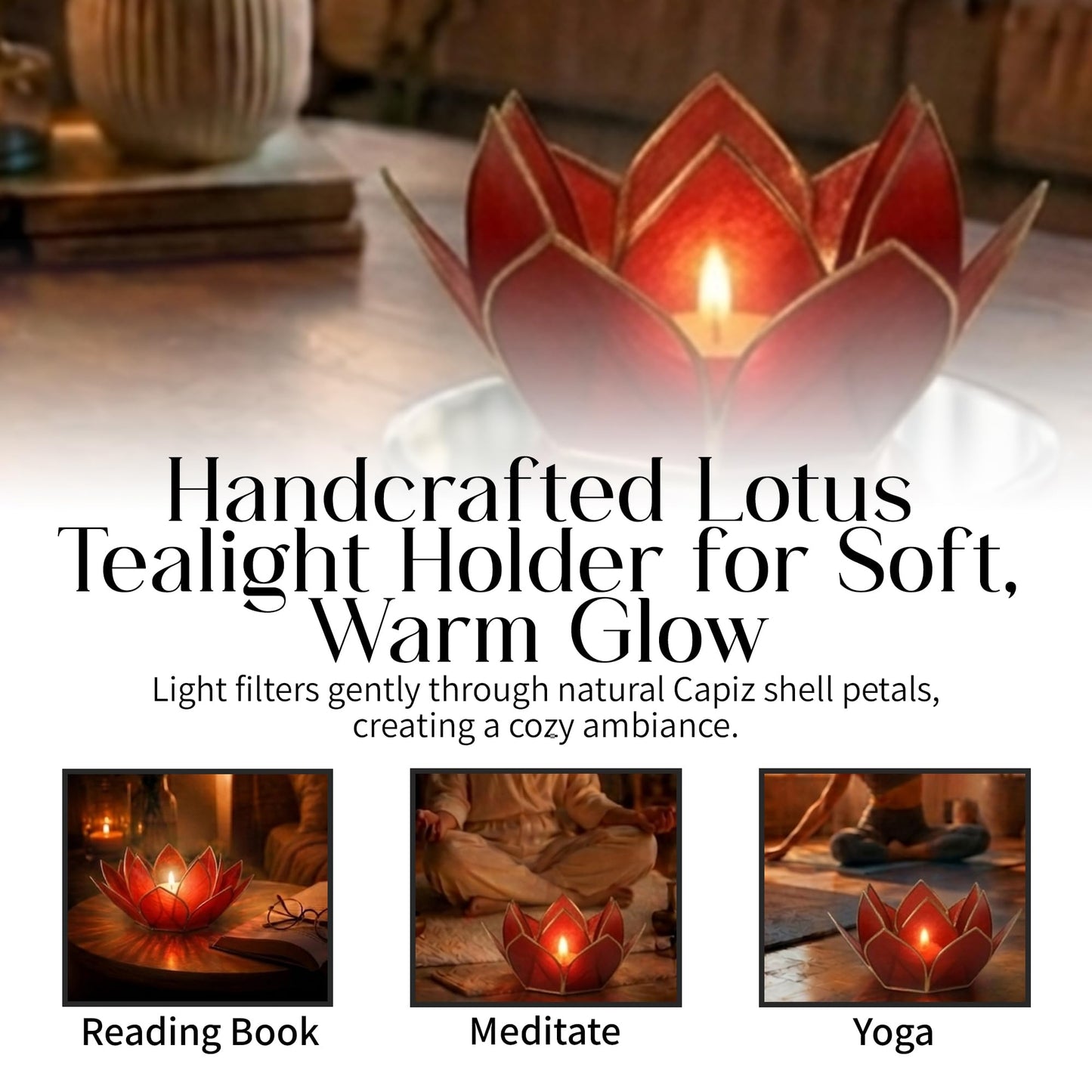 Om Gallery Mini Gemstone Lotus Tealight Holder - Handcrafted Capiz Shell Design for Soft Glow, Elegant Home & Table Decor, Wedding Centerpiece, Votive Candle Styling & Thoughtful Gifting - Ruby