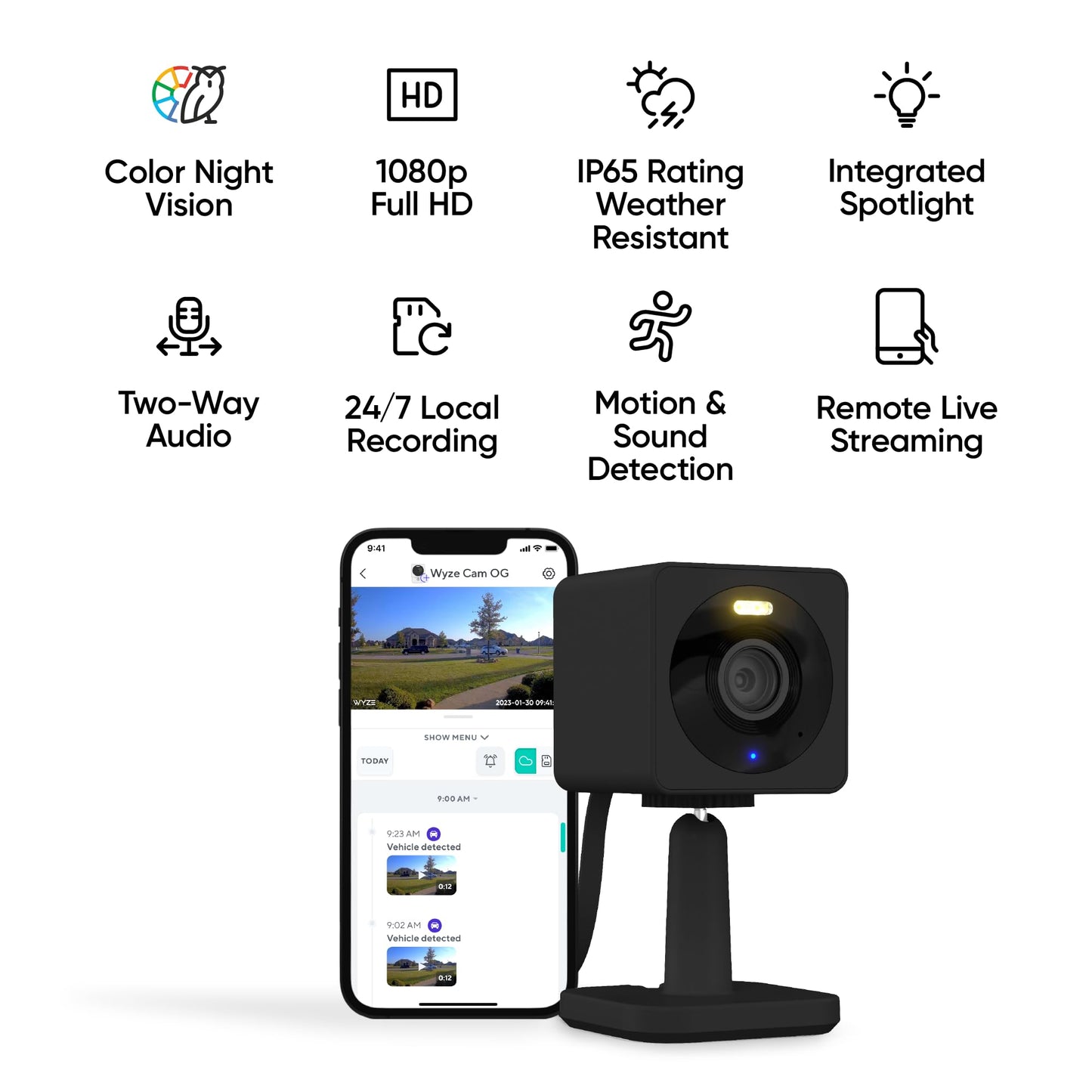Wyze Cam OG Indoor/Outdoor 1080p Wi-Fi Smart Home Security Camera with Color Night Vision, Built-in Spotlight, Motion Detection, 2-Way Audio, Compatible with Alexa & Google, White, Free Expert Setup