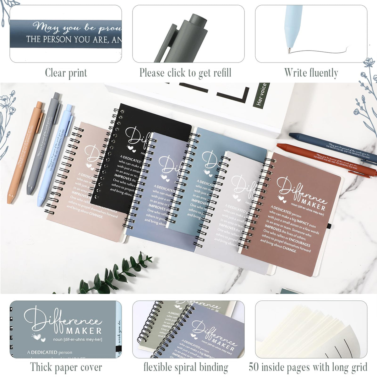 Resurhang 20 Sets Difference Maker Employee Appreciation Gifts Bulk Inspirational A6 Spiral Notebooks Journal with Ballpoint Pens for Social Worker Volunteer Coworker Staff Team Gifts (Neutral Colors)