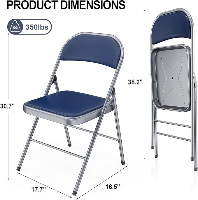 VINGLI 8 Pack Folding Chairs with Padded Seats, Metal Frame with Pu Leather Seat & Back, Capacity 350 lbs, Blue