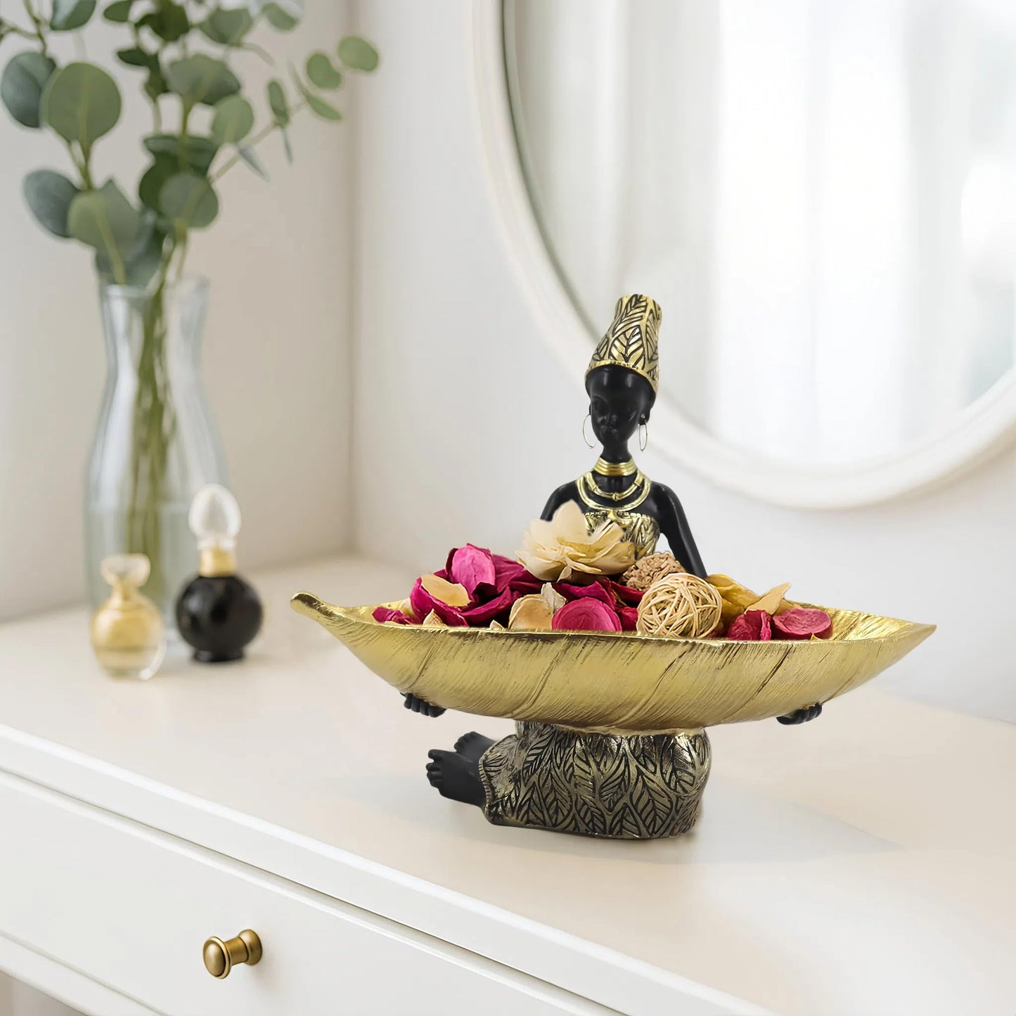 Dwelloria African Sitting Woman Leaf Bowl Statue – Tribal Resin Figurine for Candy Dish, Key Holder, Vanity Tray, African Decor Gift