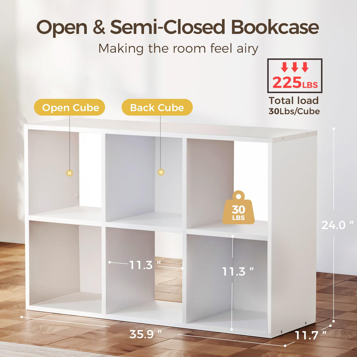 COMHOMA 6 Wood Cube Storage Organizer with Open Back and Removable Back Panels, 11In White Cube Storage Bookshelf, Cubicle Shelf Bookcase for Home Office Bedroom Living Room, Vertical or Horizontal
