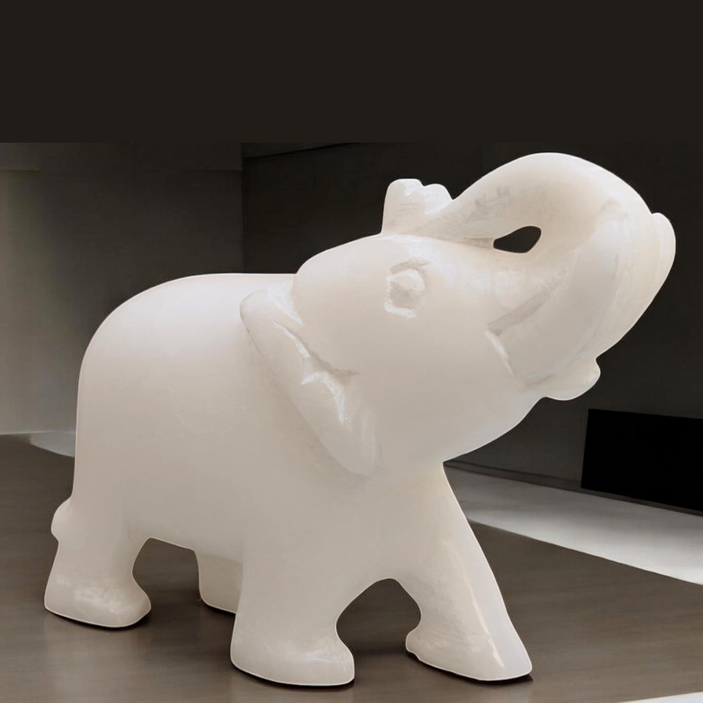 Elephant Statue Idol Murti White Onyx Marble Home Decor | Hand Carved Trunk Up Elephant Figurine for Living Room Office Table Item Gift for Wedding Birthday & Anniversary Collectible (3.25"inch)