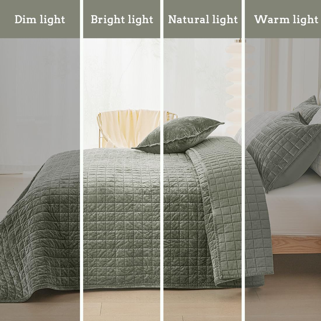 COCOPLOCEUS Quilt Set King Size 98x106 Luxurious Velvet Bedding Sets with 2 Pillow Shams 20x36 3 Pieces Ultra Soft Quilted Bedspread Coverlet Comforter for All Season,Army Green