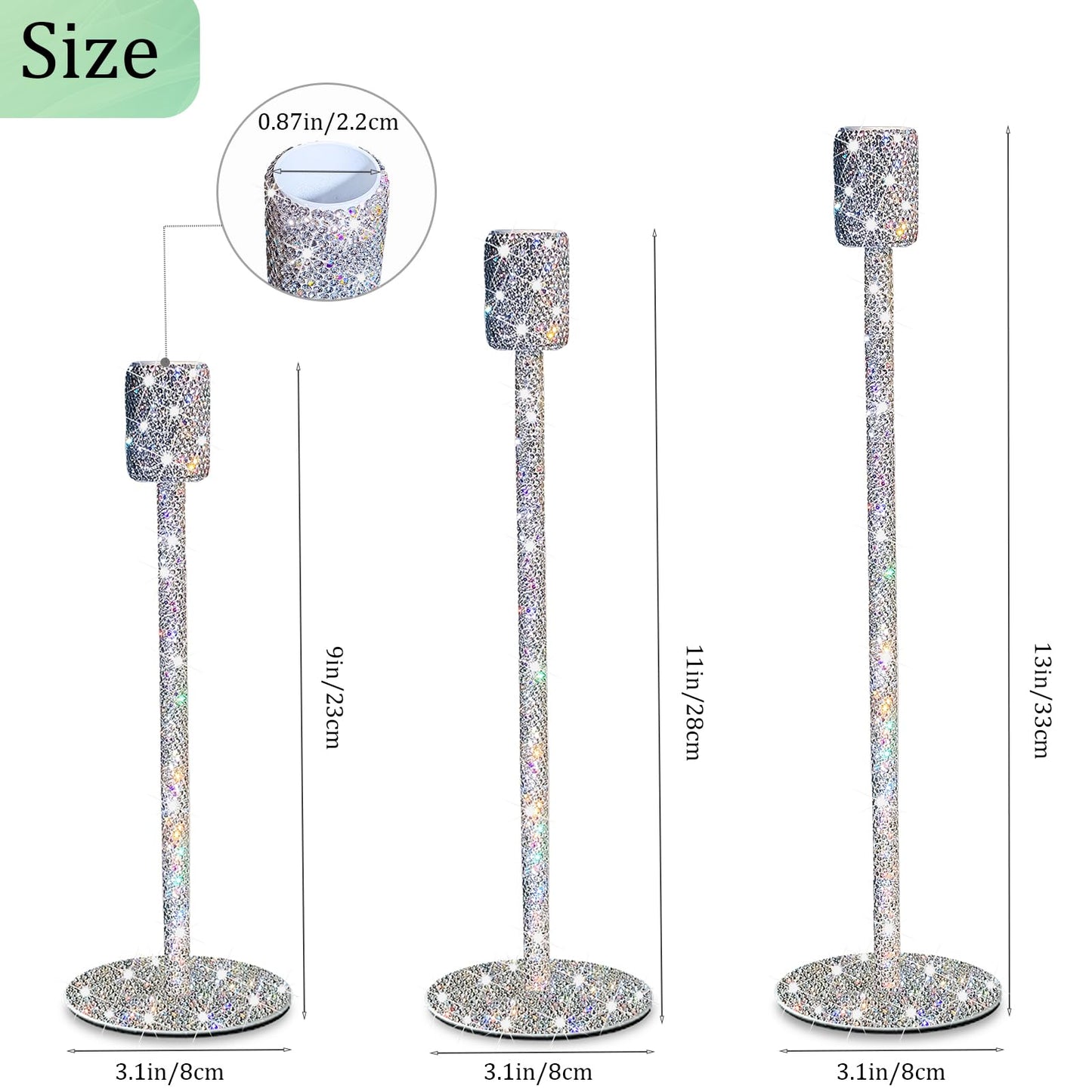SlowVibes Bling Candlestick Holders Set of 3,White Crystal Rhinestone Tall Taper Candle Holders,Crushed Diamond Home Decor,Decorative Centerpiece for Table Mantel Wedding Fireplace,Housewarming Gift