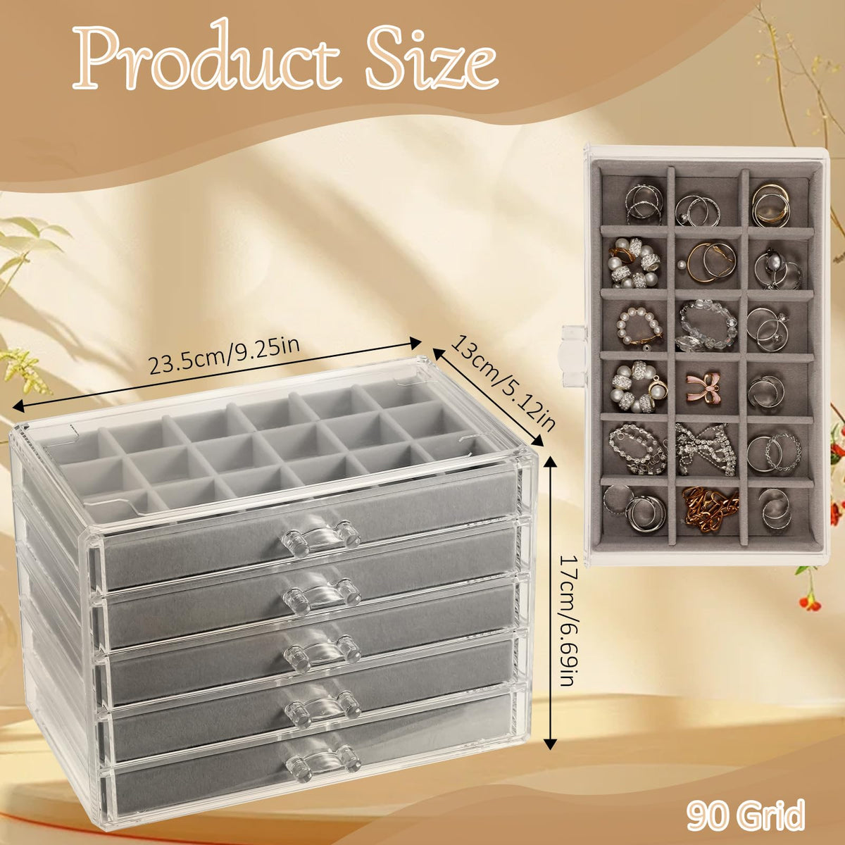 COMNICO Rock Display Case, 5 Layer 90 Grid Rock Collection Display Case Velvet Acrylic Clear Displays Cases Organizer for Collectibles Crystal Gemstone Fossil Stone