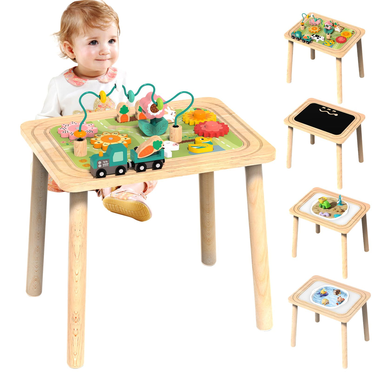 3-in-1 Baby Activity Table for 18-36 Months Old Kids Wooden Activity Center Sensory Play Table for Toddlers with Bead Maze Shape Sorter Montessori Toys Sand Table Must Have Birthday Gift for Girls Boy