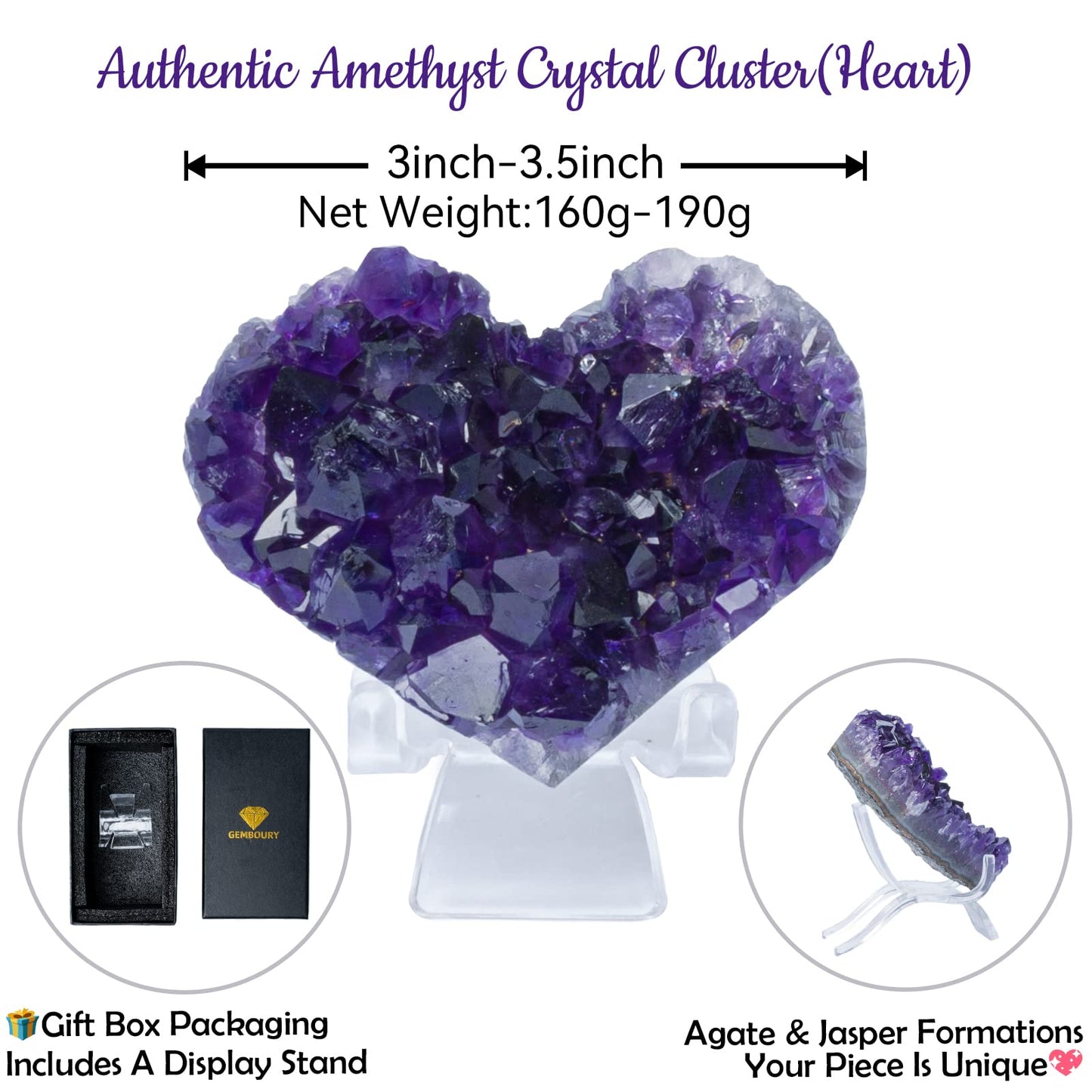 GEMBOURY Purple Amethyst Crystal Heart Stones 3-3.5inch(9cm), Druzy Geode Natural Crystals AA Color, Spiritual Healing Purple Crystals Stones Energy Stone Decoration from Uruguay.