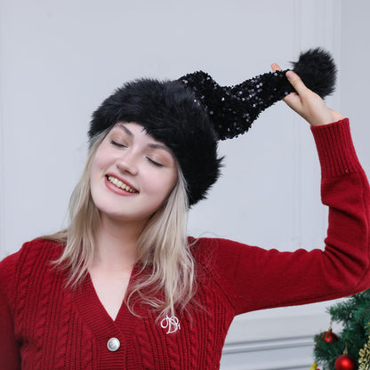 Slsxip Personalized Sequin Santa Hat for Adults, Black Glitter Christmas Party Hat, Xmas Halloween New Year Holiday Festive Headwear