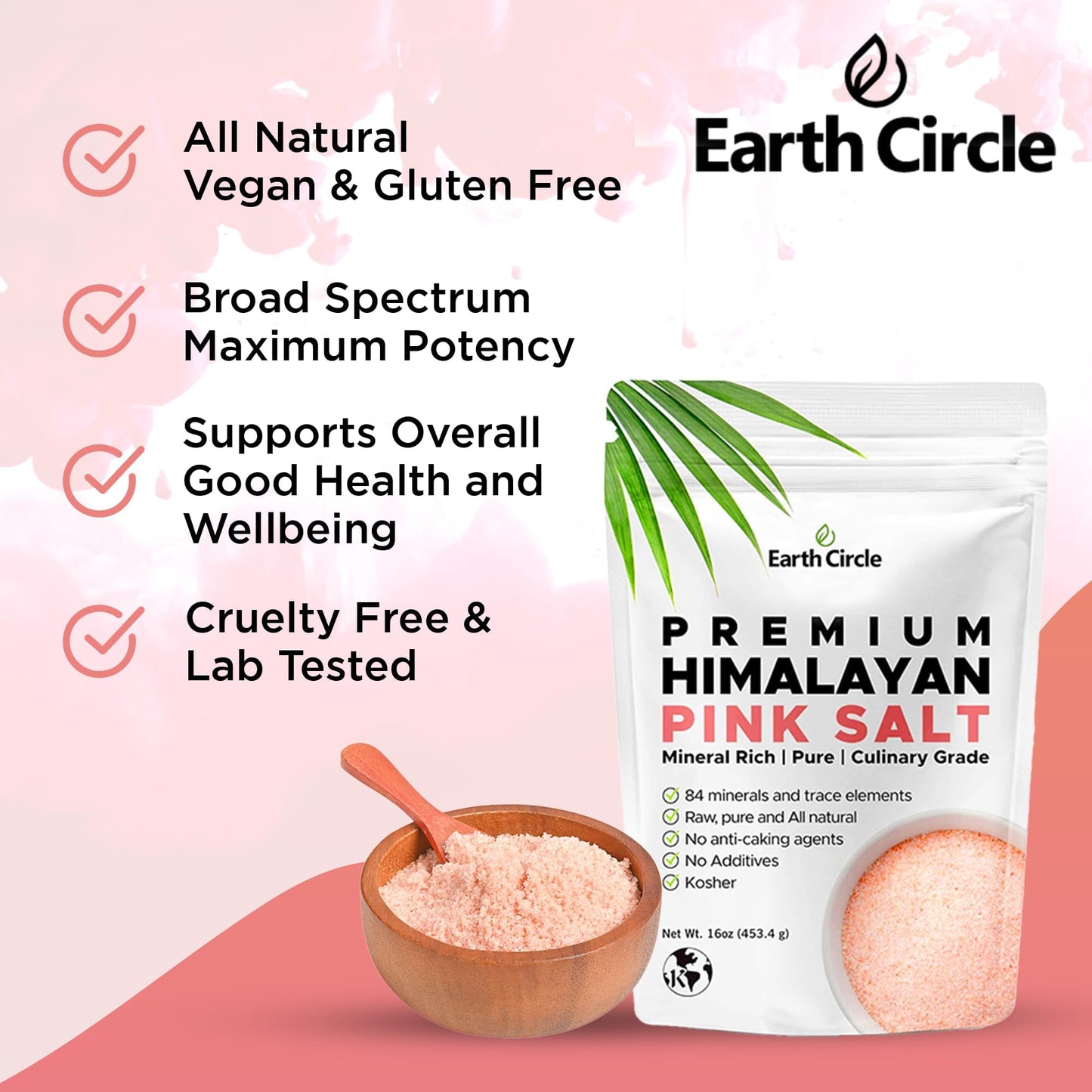 Earth Circle Organics Premium Himalayan Unrefined Pink Fine Grain Salt, No Anti-Caking Agents, Pure Culinary Grade - Kosher, Nutrient and Mineral Dense, 1 pound