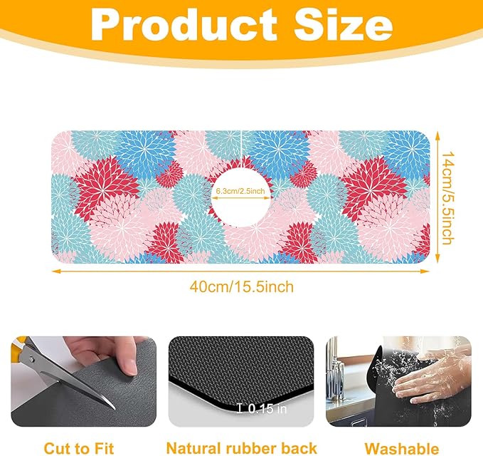 2 Pack Abstract Flowers Sink Splash Guard Faucet Mat Vintage Floral Super