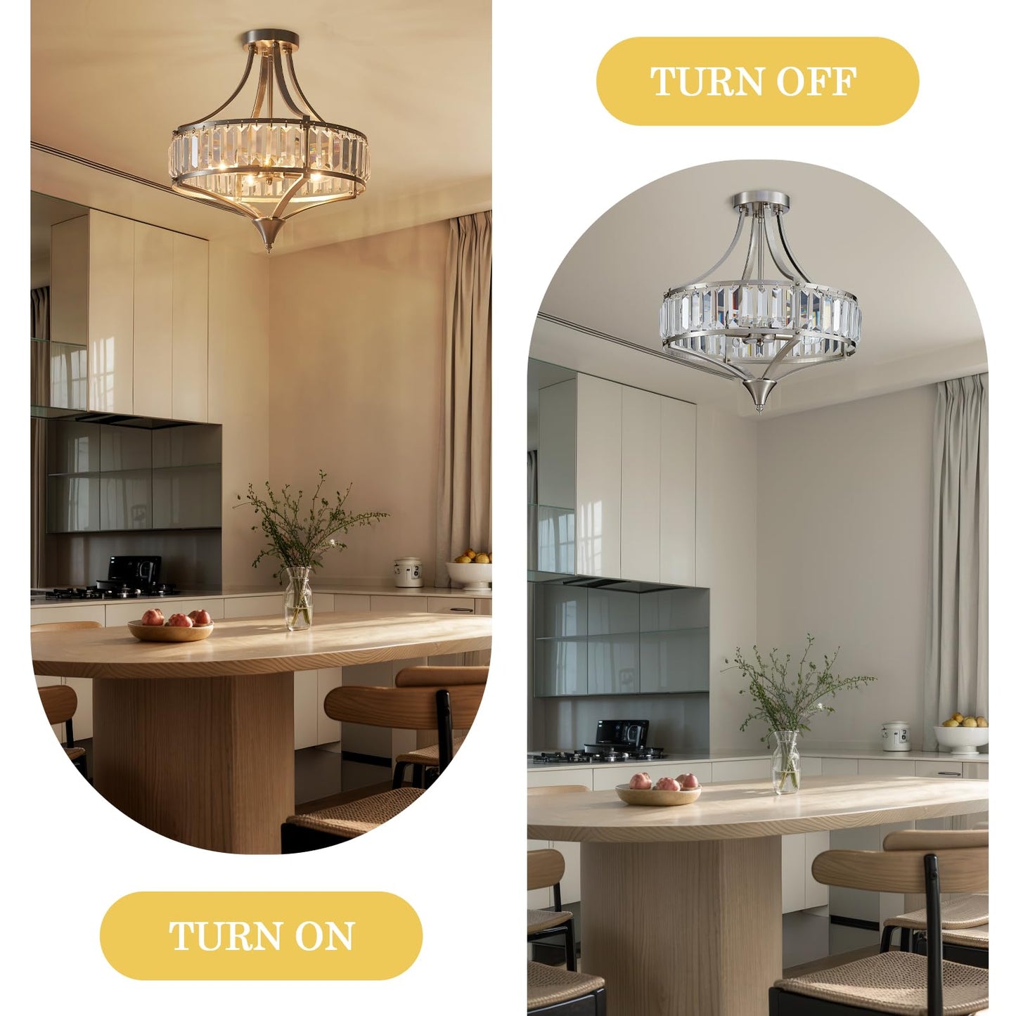 Cabvope Crystal Chandelier Ceiling Light Fixture, Modern Round Brushed Nickel Dining Room Chandeliers for Kitchen Hallway Bedroom Foyer, 16 Inch Rustic Farmhouse Semi Flush Ceiling Light, 4-Light