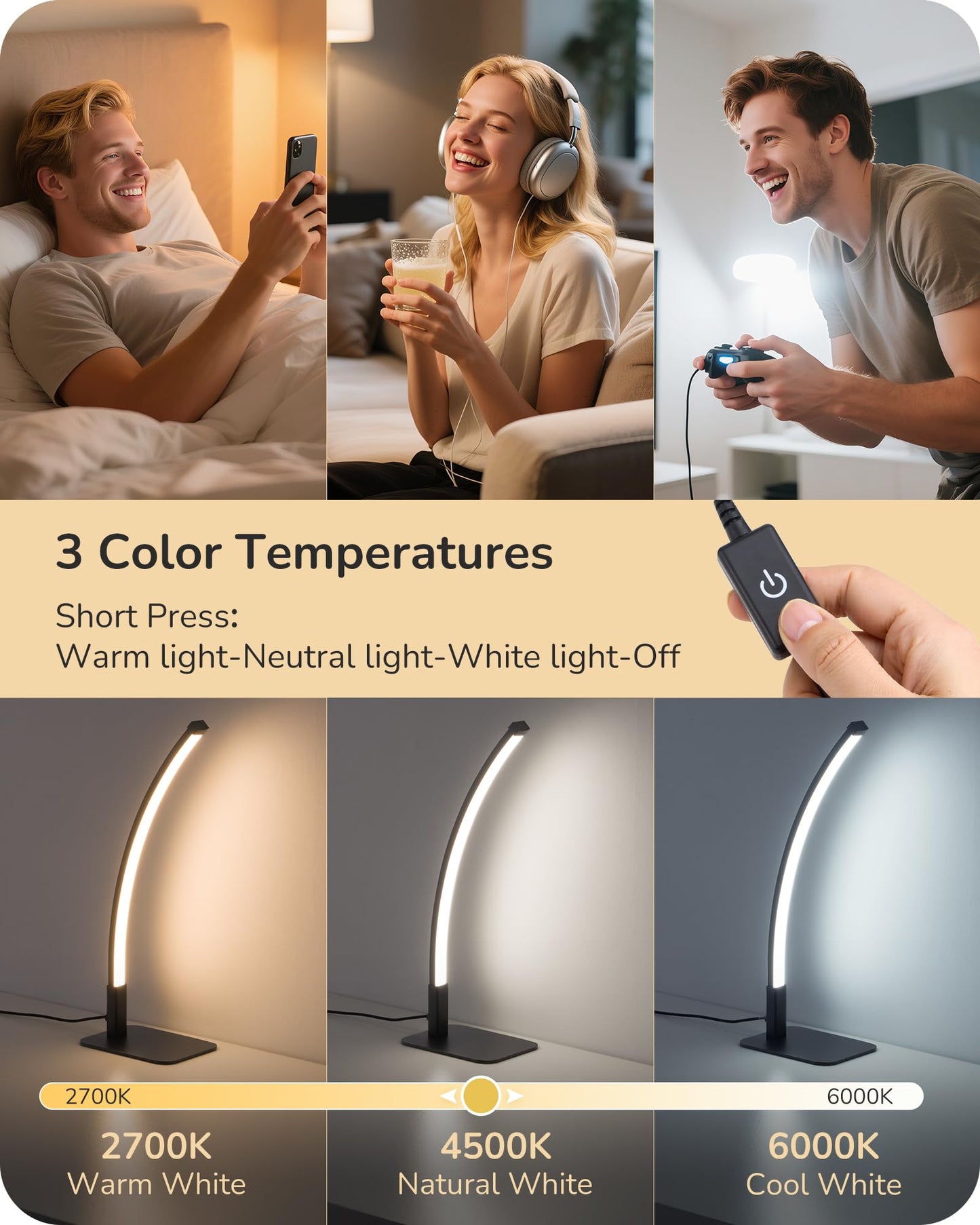EDISHINE Curved LED Table Lamp, Modern Bedside Lamp with 3 Color Temperature & Stepless Dimming, Aluminum & Iron, Nightstand Lamp for Bedroom, Living Room, Black