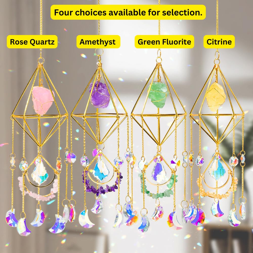 Crystal Suncatcher – Gold-Plated Hanging Window Decoration with Healing Crystals – Prism Sun Catcher for Home, Garden, Indoor or Gift – Sparkling Sun Catchers & Positive Energy (Rose Quartz)
