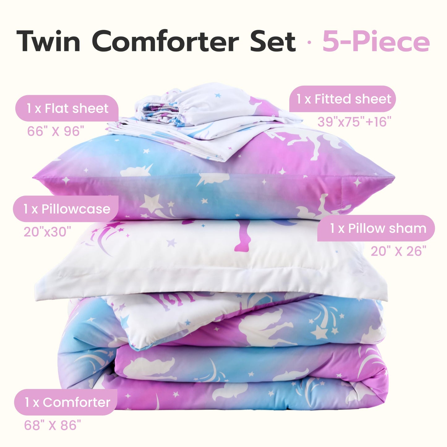 Joiedomi Kid Twin Comforter Set 5 Piece Dream Unicorn Bedding Set for Boys Girls Super Soft Microfiber Bed in a Bag with Comforter Sheets Pillowcase Sham