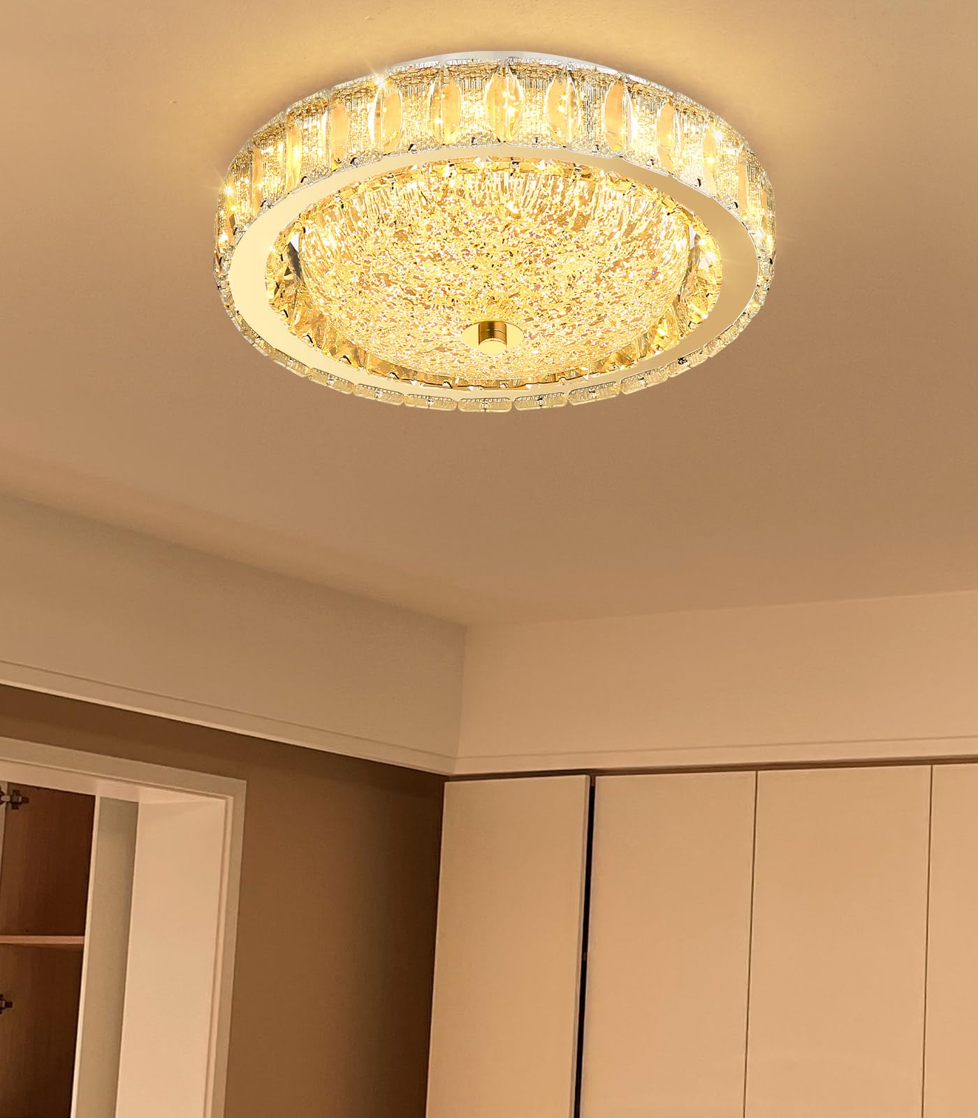 AFQEJG 11.8" Modern Mini Crystal Chandelier Dimmable LED Flush Mount Ceiling Light with Remote Control for Bedroom Hallway Dining Room Gold