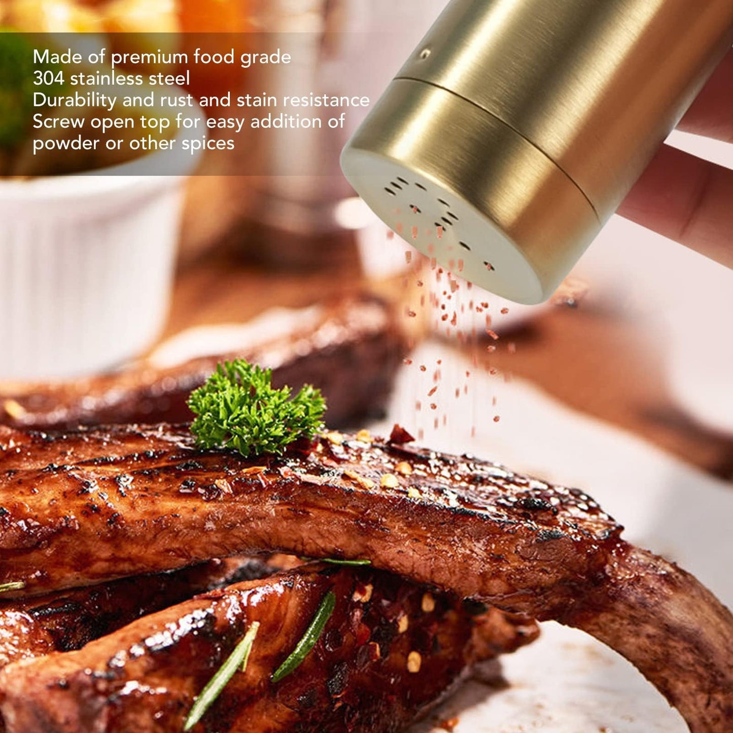 2Pcs Salt and Shakers Set, 7 Ounce Stainless Steel Salt and Dispenser Gold Jar Rustproof Seasoning Bottle Easy Filling Salt and Shakers for Modern Home Kitchen