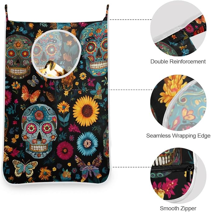 Mexican Skulls and Flowers Hanging Laundry Hamper Door Hampers Bag Basket