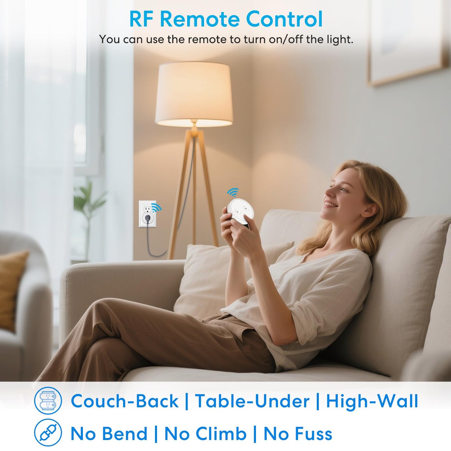 LoraTap Mini Remote Control Outlet Plug Adapter, 656ft Range Wireless Light Switch for Household Appliances, No Hub Required, 10A/1100W, White