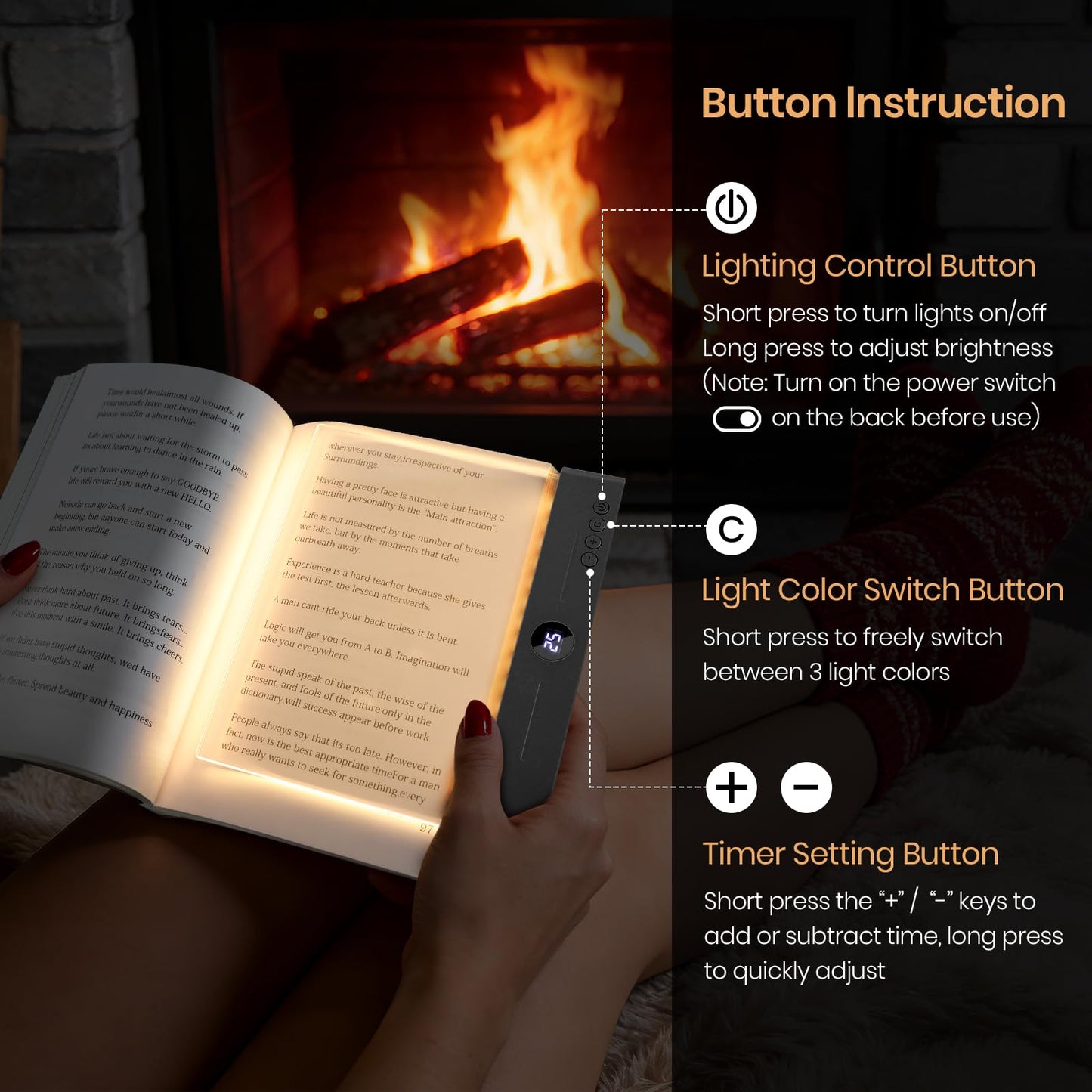 Suteng Book Light, Rechargeable Clear LED Flat Reading Light for Reading in Bed at Night with 3 Colors & Timer, Dimmable Full Page Panel Plate Lamp, Bookish Gifts for Readers Kids Women Men (Black)
