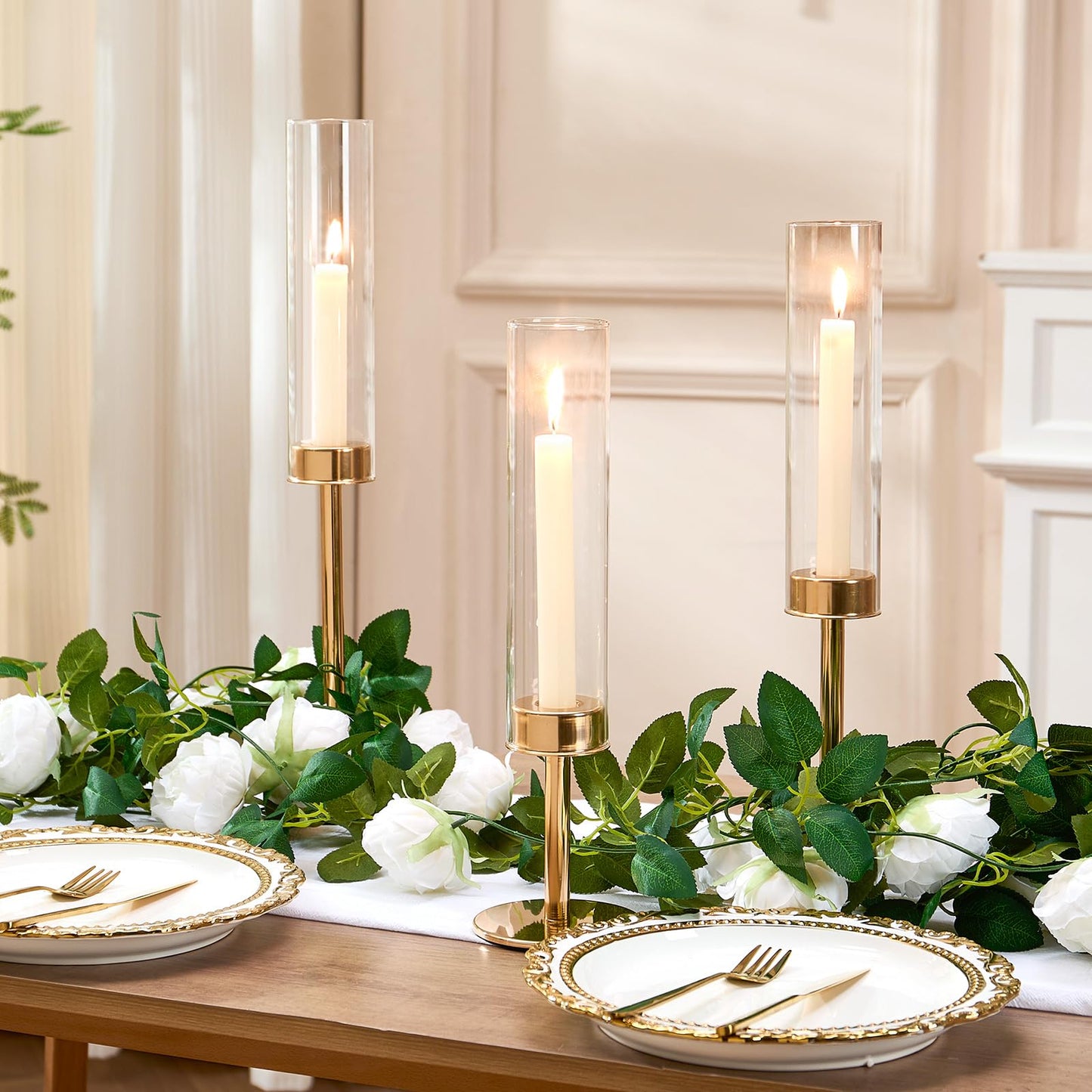 Gold Hurricane Glass Candle Holders Set of 3 Brass Taper Candlestick Holder