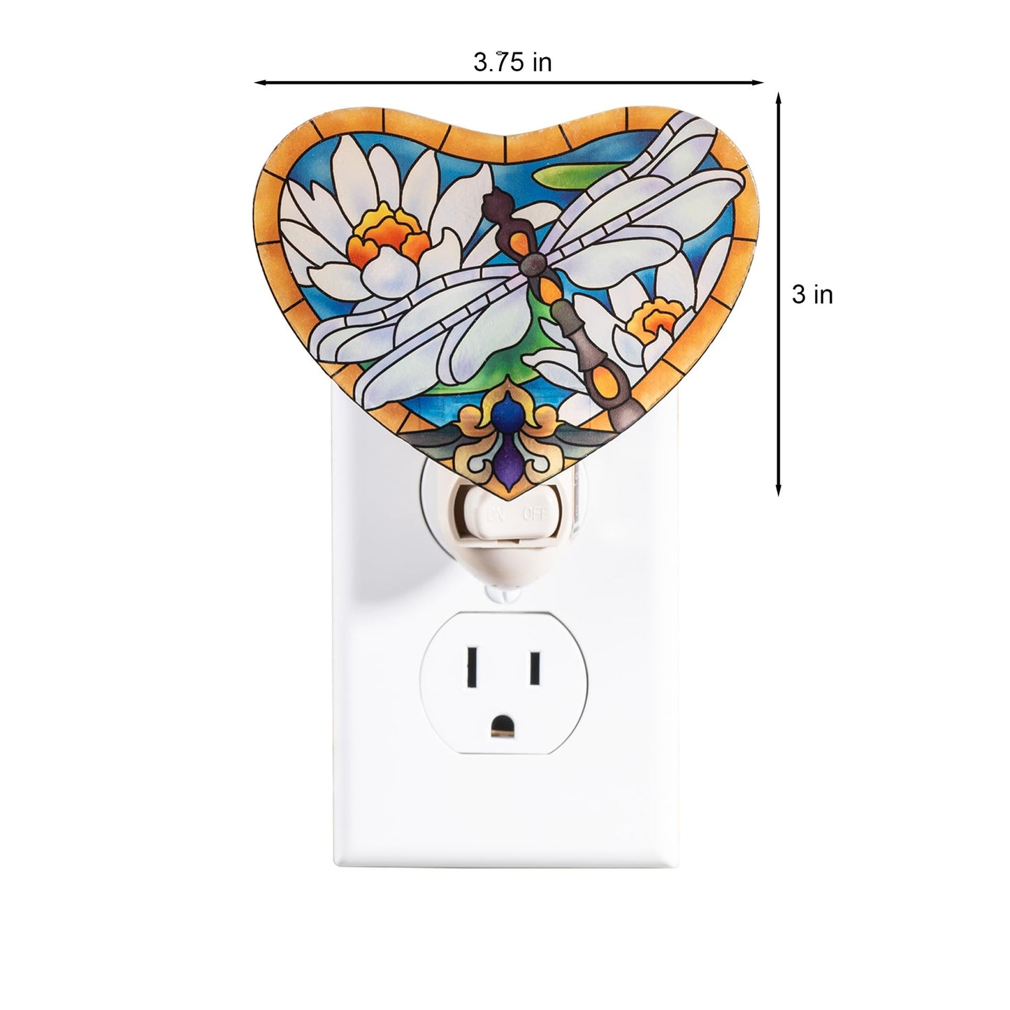 Dragonfly with White Lotus Night Light – Stained Glass Styled Plug-in Wall Light for Vertical Outlets – Real Glass, Warm Glow for Bedroom, Bathroom, Hallway –Gift for Nature Lover