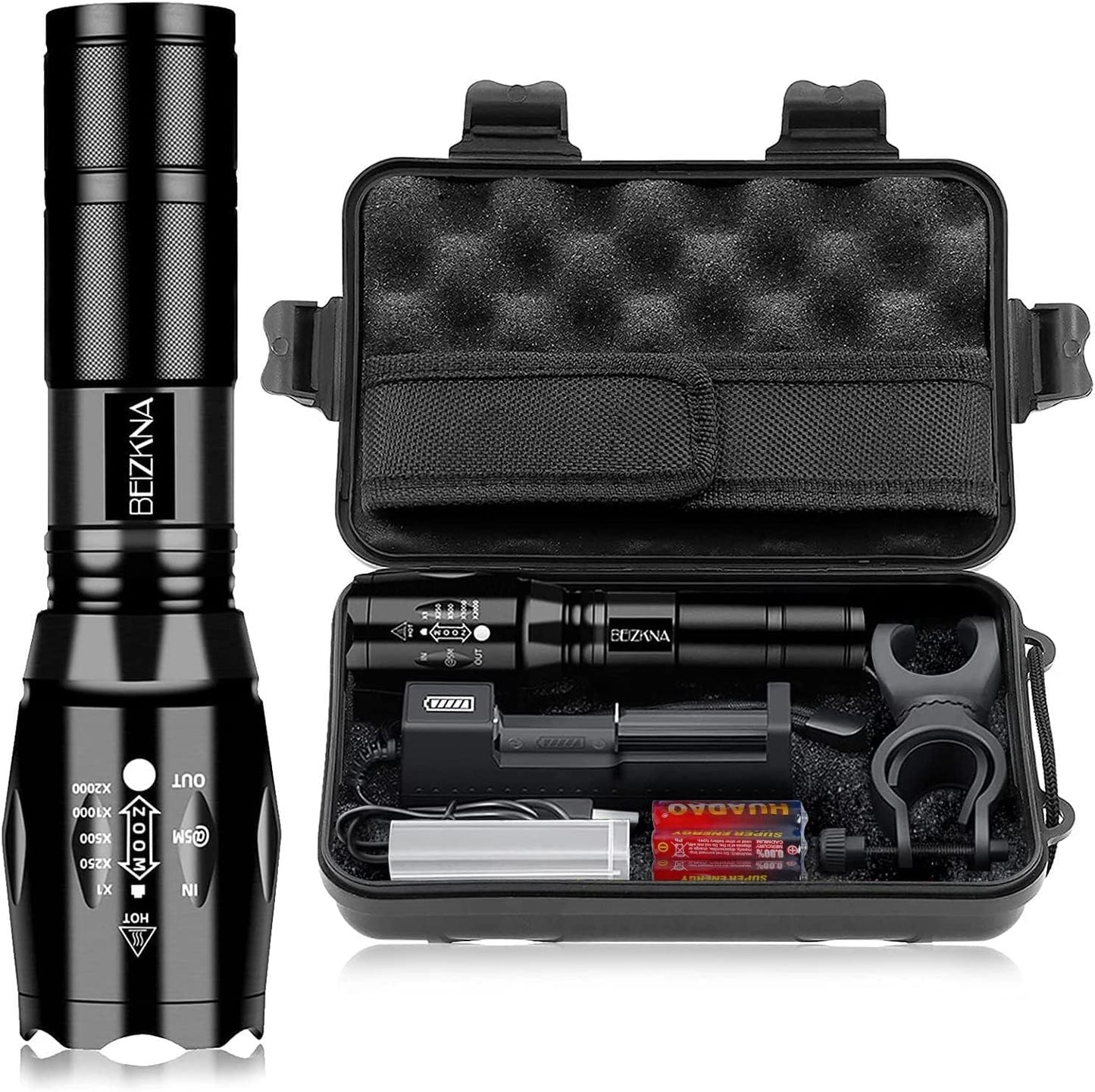 LED Torch Rechargeable Torches Super Bright 2000L Battery Powered Powerful Flashlight L2 CREE Adjustable Focus 5 Modes IP65 Waterproof Outdoor Handheld Pocket Flash Light for Camping Hiking Emergency