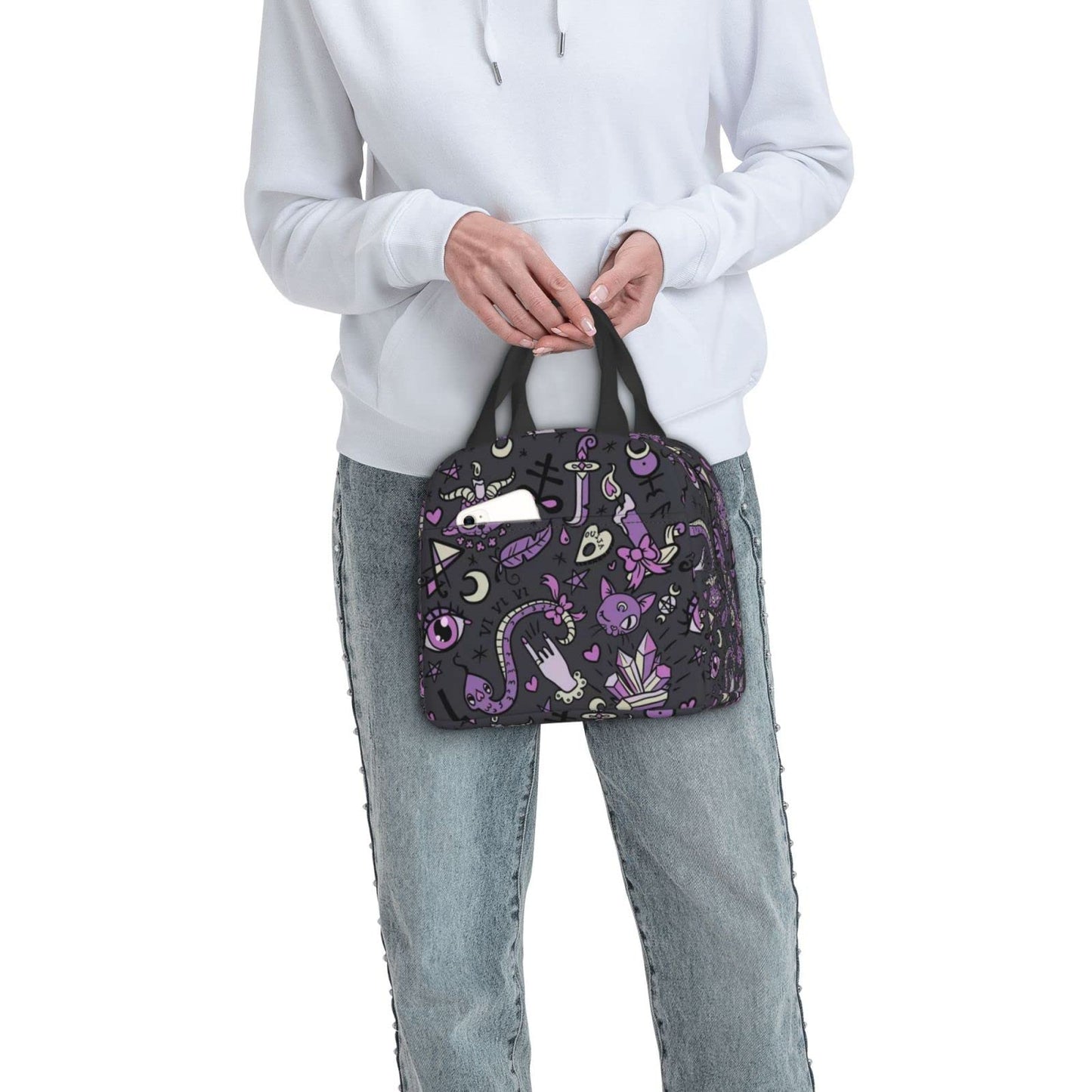 Funacola Magic Goth Spooky Gray Purple Black Lunch Box Reusable Halloween Lunch Bag Witch Insulated Meal Bags Food Container For Boys Girls Men Women Kids School Work Travel Picnic