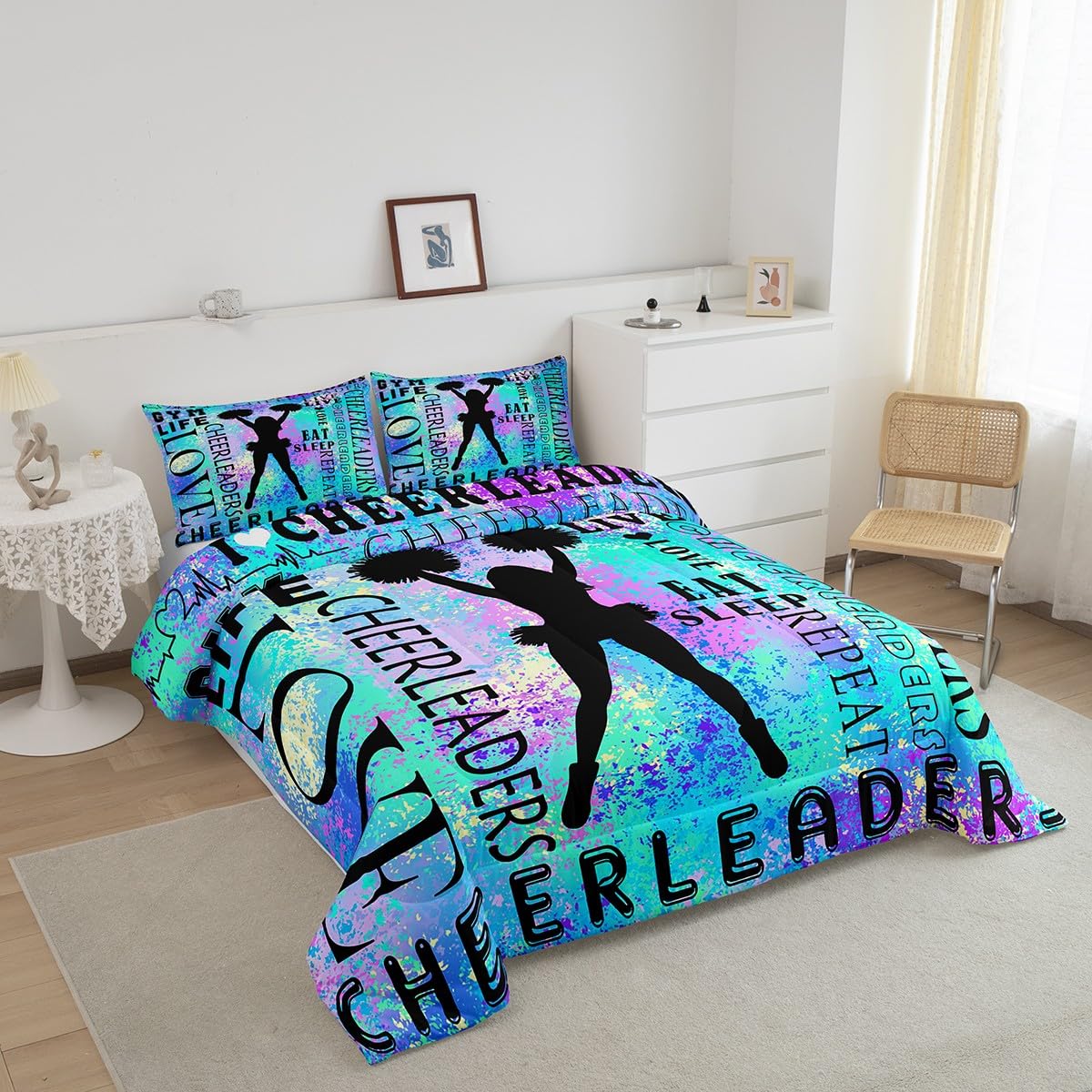 Feelyou Cheer Bedding Set Full Size Kids Dancer Comforter Cover for Boys Girls Teens Blue Duvet Cover Breathable Soft Lightweight Microfiber