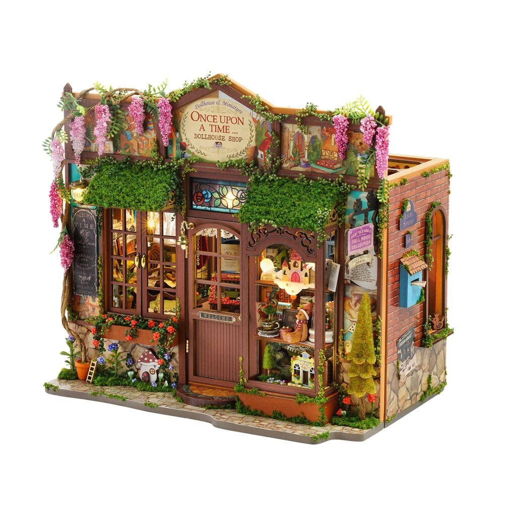 DIY Dollhouse Miniature Kit, Mini Fairy Tale Shop Puzzle Model 1:24 Scale Dolls House Store Furniture Accessories and LED Lights Kid Boy Girl Birthday