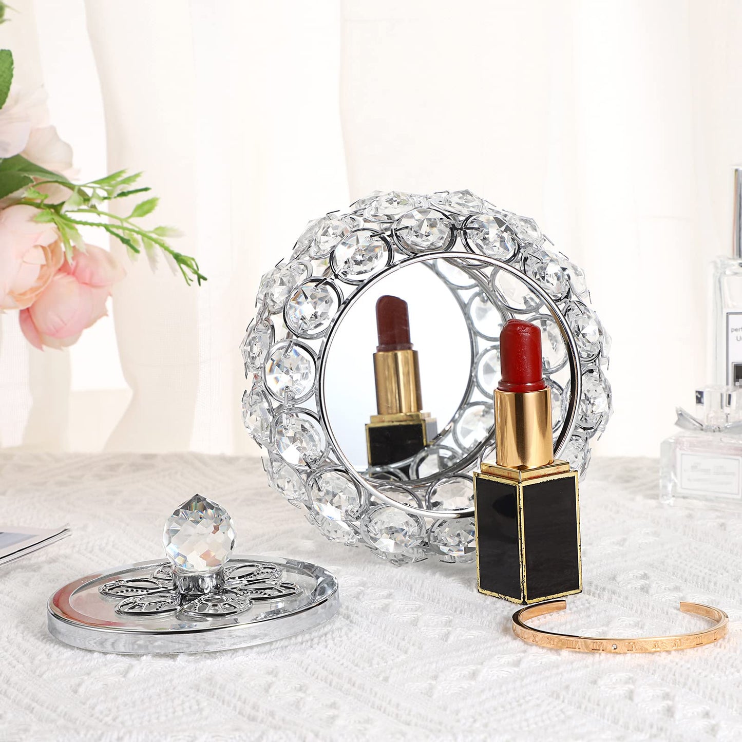 Hipiwe Crystal Jewelry Box with Glass Lid Small Trinket Organizer Mirrored Treasure Box Ring Holder Earrings Necklace Storage Box Keepsake Gift Box for Home Dresser Decor, Silver