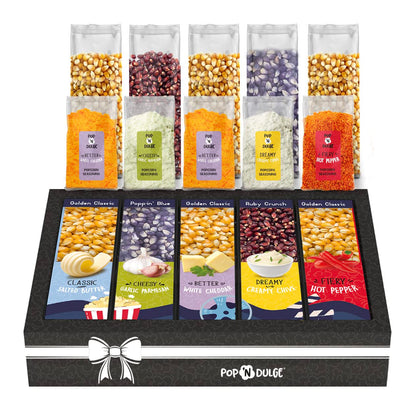 Movie Night Christmas Gifts - Holiday Popcorn Gift Baskets Gift Sets - 5 Non-GMO Gourmet Kernels and 5 Popcorn Flavoring - Perfect Family Gifts ideas for Adults, Couples, Parties, Holidays, or Movie Lovers - 10 Pack