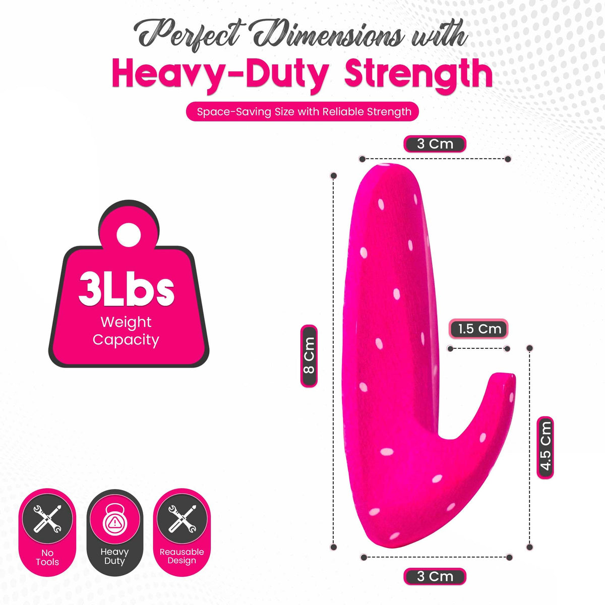 WallCandy Adhesive Wall Hanging Hooks | Pack of 3 Pink Polka Dot Wall Hooks with Heavy Duty Sticky Strips that Hold Up to 3lbs, Easy to Install Hanging Hook for Painted Walls & Kitchen