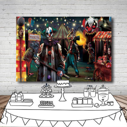 DULUDA 8x6 FT Halloween Evil Circus Clown Theme Backdrop Haunted House Horror Scary Evil Circus Clown Creepy Carnival Birthday Party Decorations Photography Background Banner Studio Props, Clear