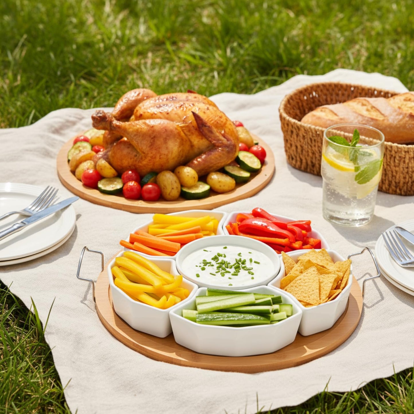 ZENFUN Chip and Dip Serving Set, 11'' Divided Serving Platters Tray for Party, 6-Compartment Removable Appetizer Snack Dishes, Round Sectional Serving Platter for Fruits, Condiment