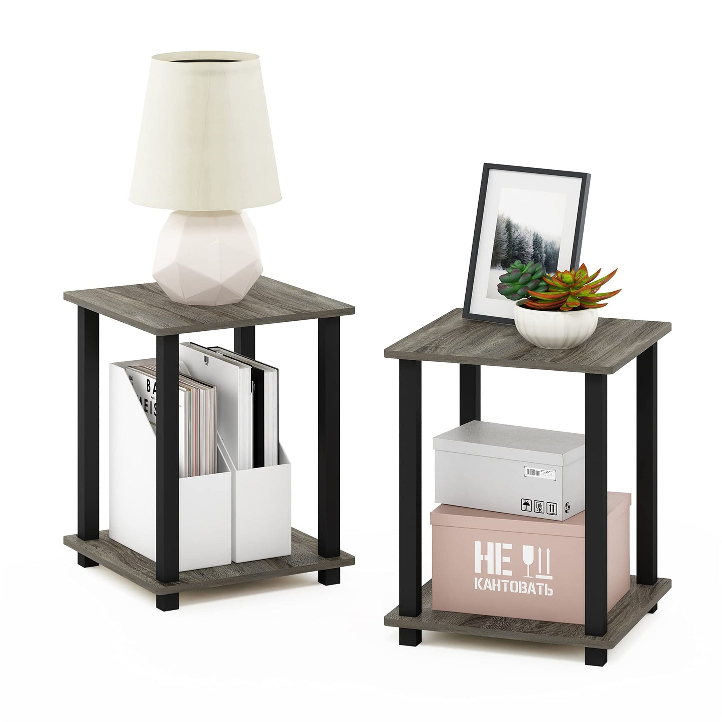 Furinno SIMPLISTIC Side Table Set of 2, 2-Tier Square Modern End Table, Nightstand, Night Stand, Bedside Table, Toolless Assembly, for Living Room, Bedroom, French Oak