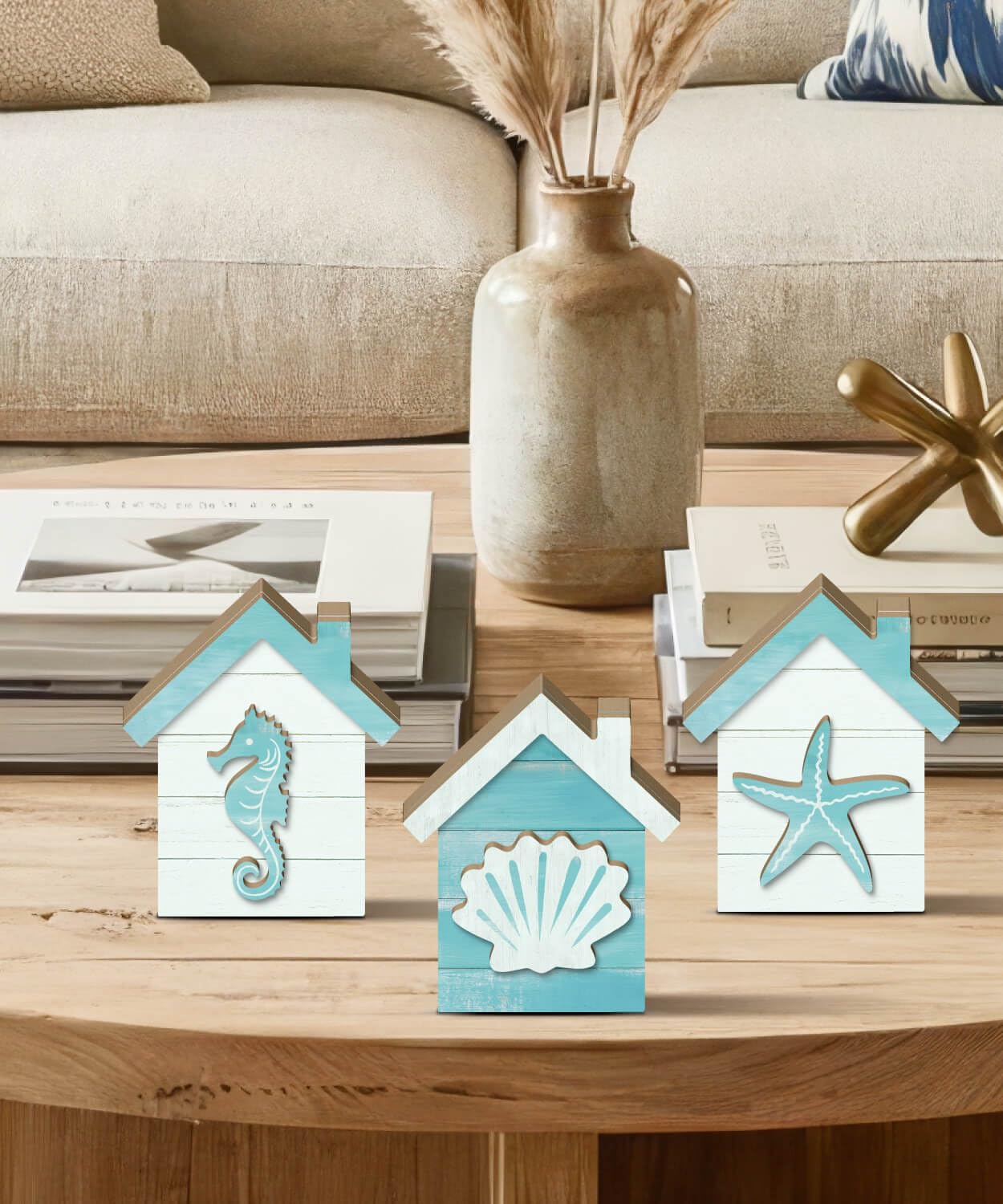 Putuo Decor Coastal Tabletop Decor Set of 3, Beach House Nautical Figurines with Seahorse Shell Starfish, Ocean Farmhouse Shelf Sitter for Bathroom, Living Room, Mantel, Tiered Tray